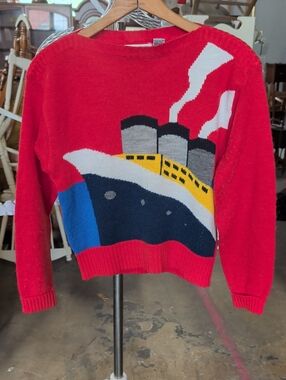 Vintage 1980s Novelty Graphic Steamship Boatneck Sweater Medium